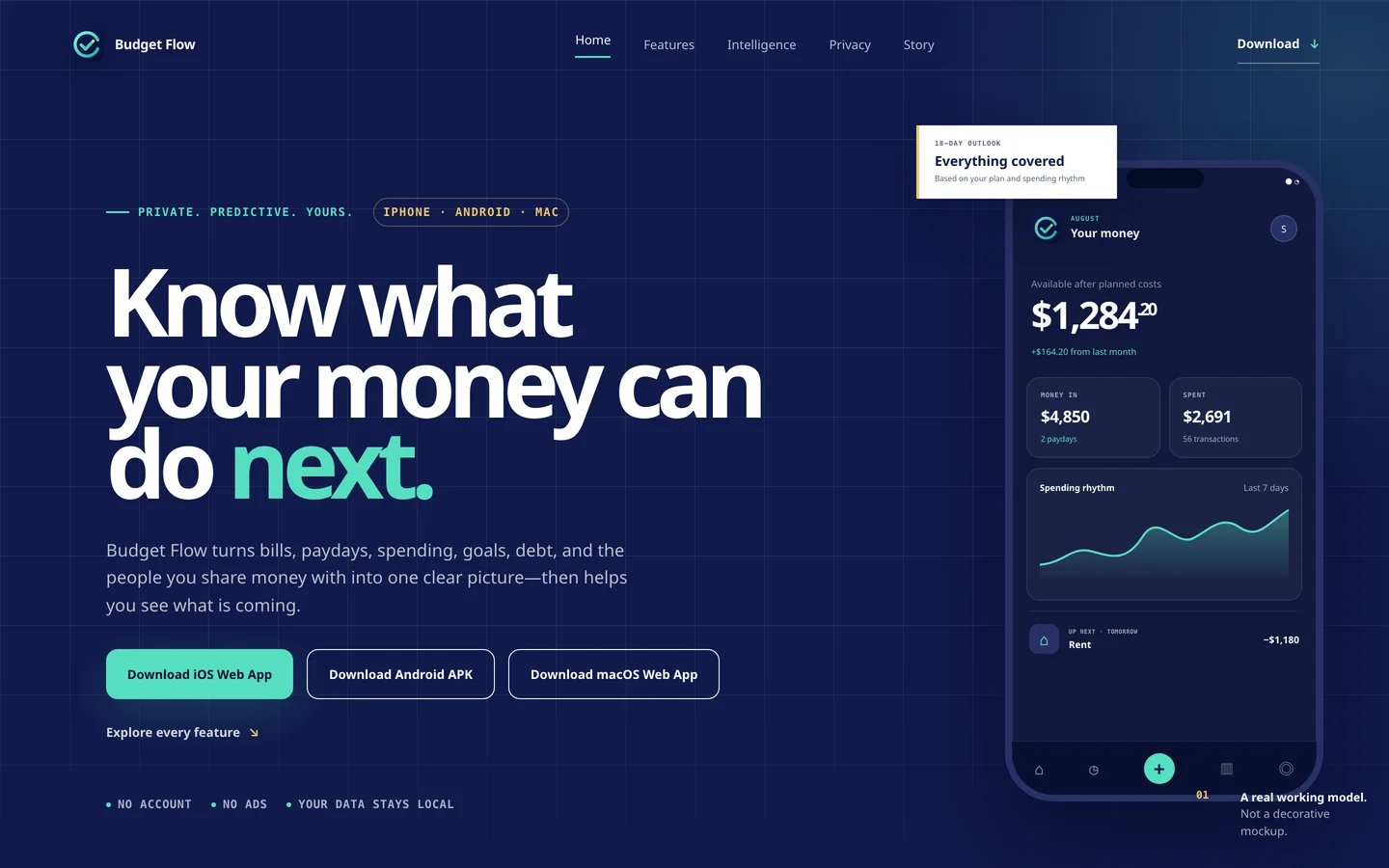 The Budget Flow marketing site: a navy interface with the headline “Know what your money can do next” beside a working app frame.